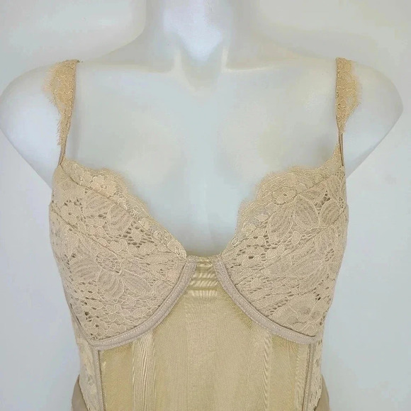 PrettyLittleThing Stone Shape Lace Mesh Stripe Midi Dress Tan Beige Bodycon 8 - Picture 5 of 15